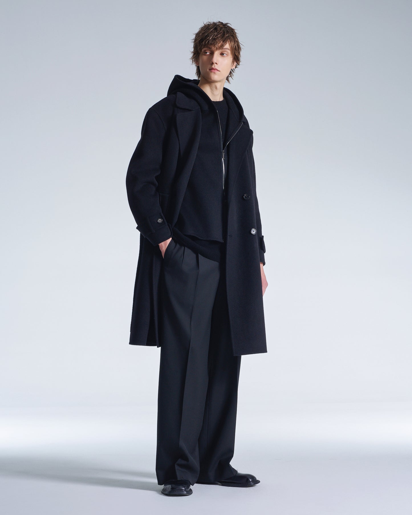 HARRISON WONG / Double Faced Wool 2in1 Trench Coat With Hood - Black