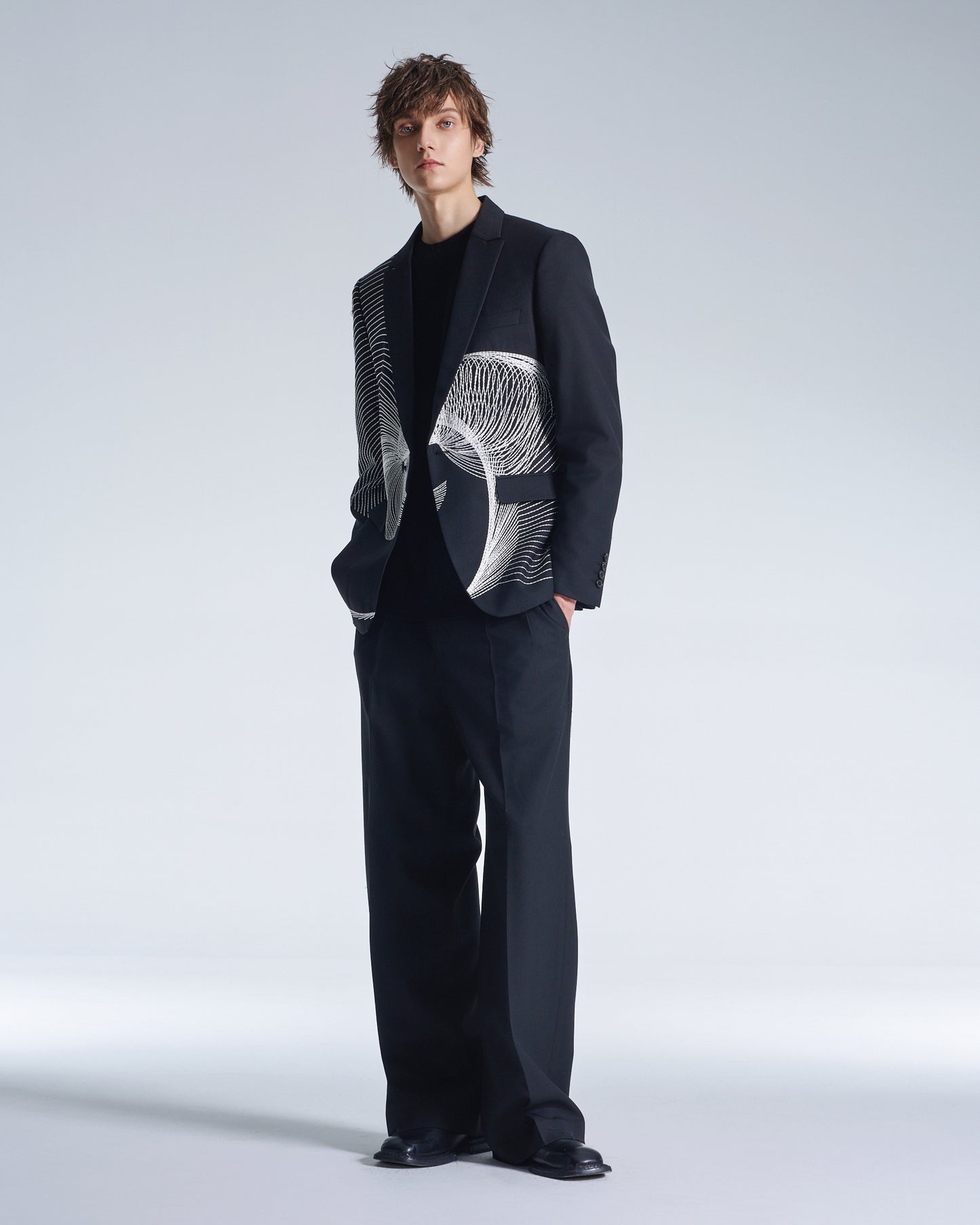 HARRISON WONG / Wool Blazer With Twisted Wavy Lines Embroidery