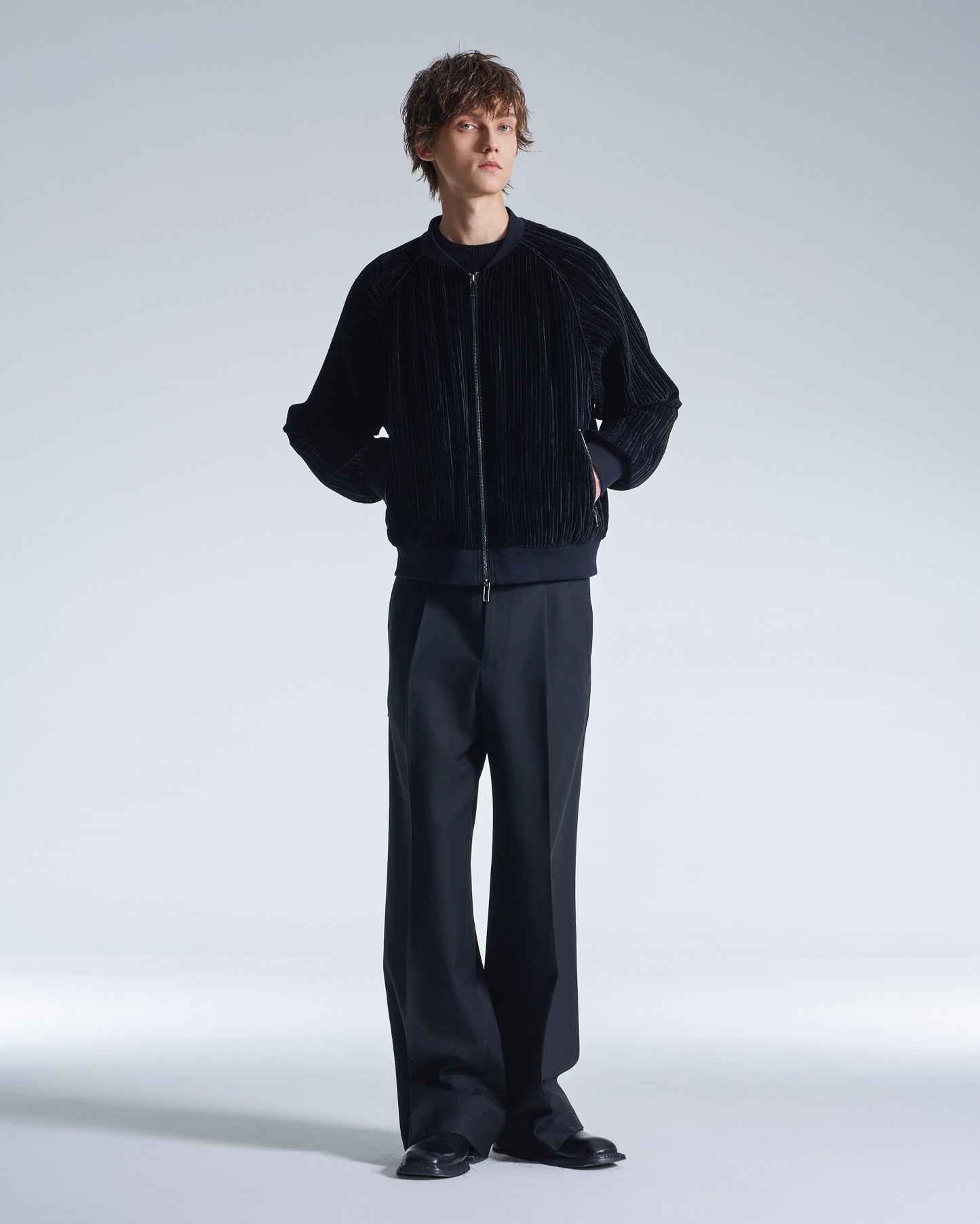 HARRISON WONG / Pleated Knit Velvet Zipper Jacket