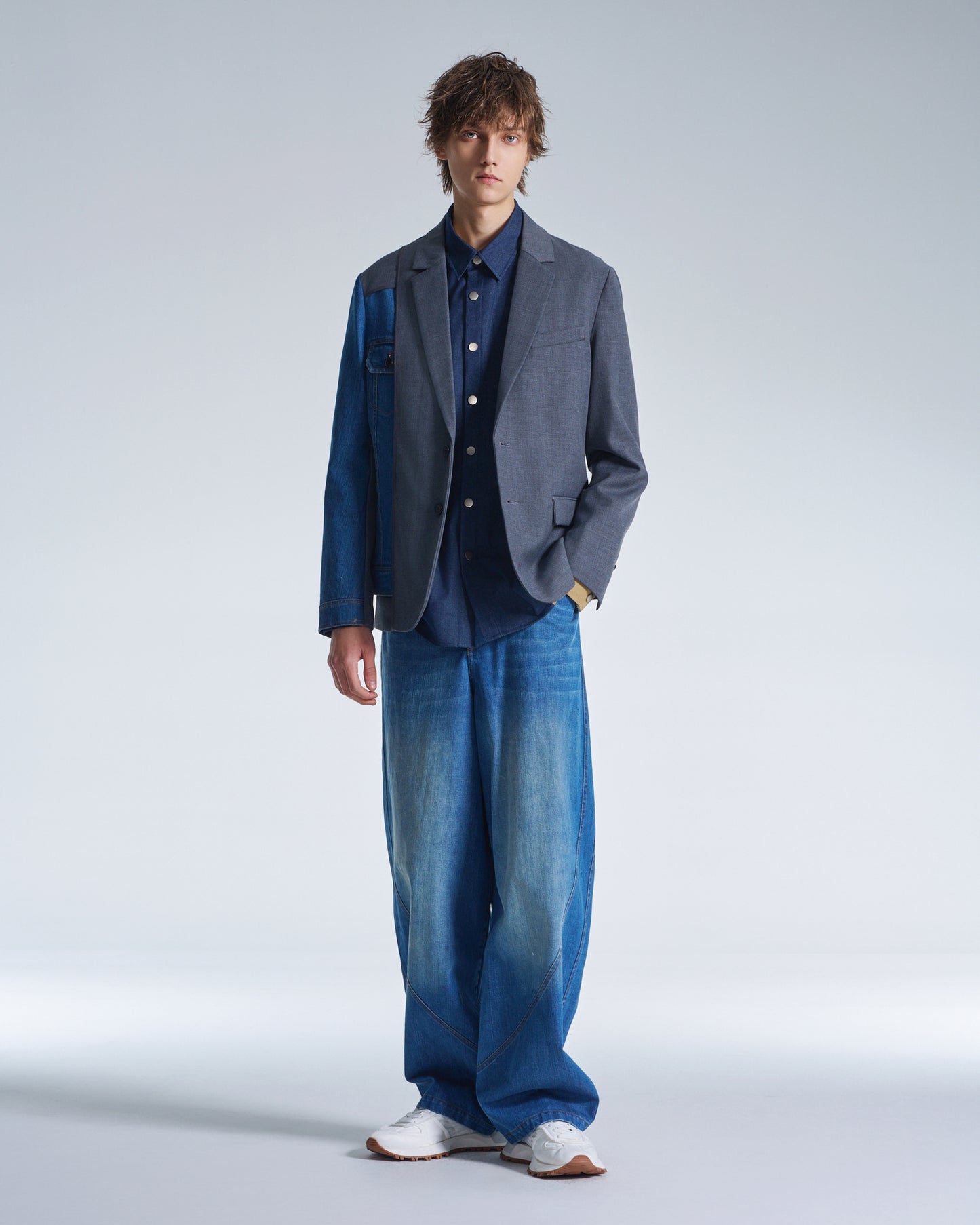 HARRISON WONG / Deconstructed Wool Blazer With Denim - Grey