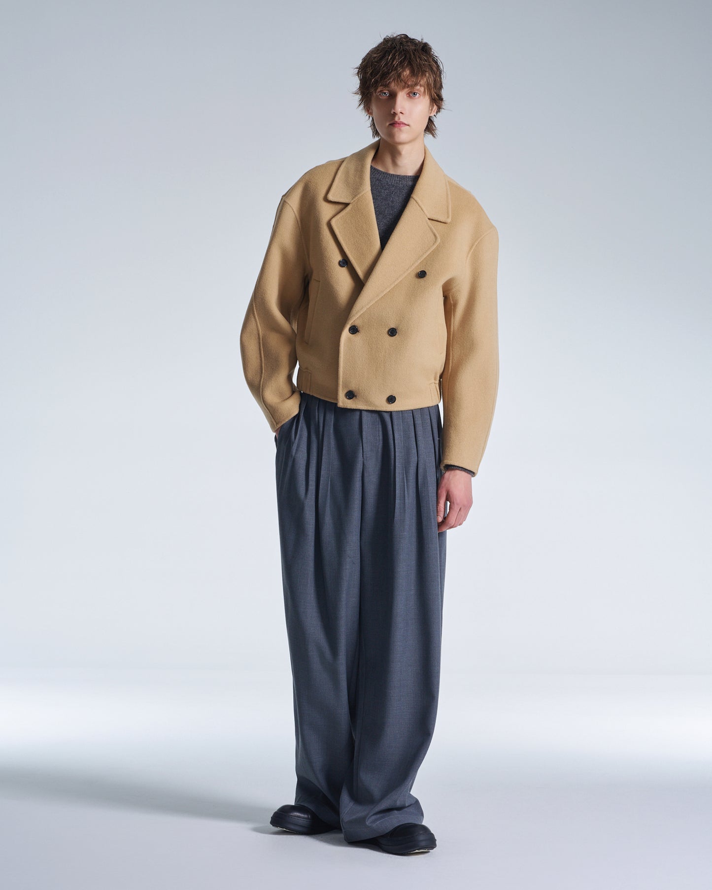HARRISON WONG / Wide Leg Wool Pants With Multi Pleats - Grey