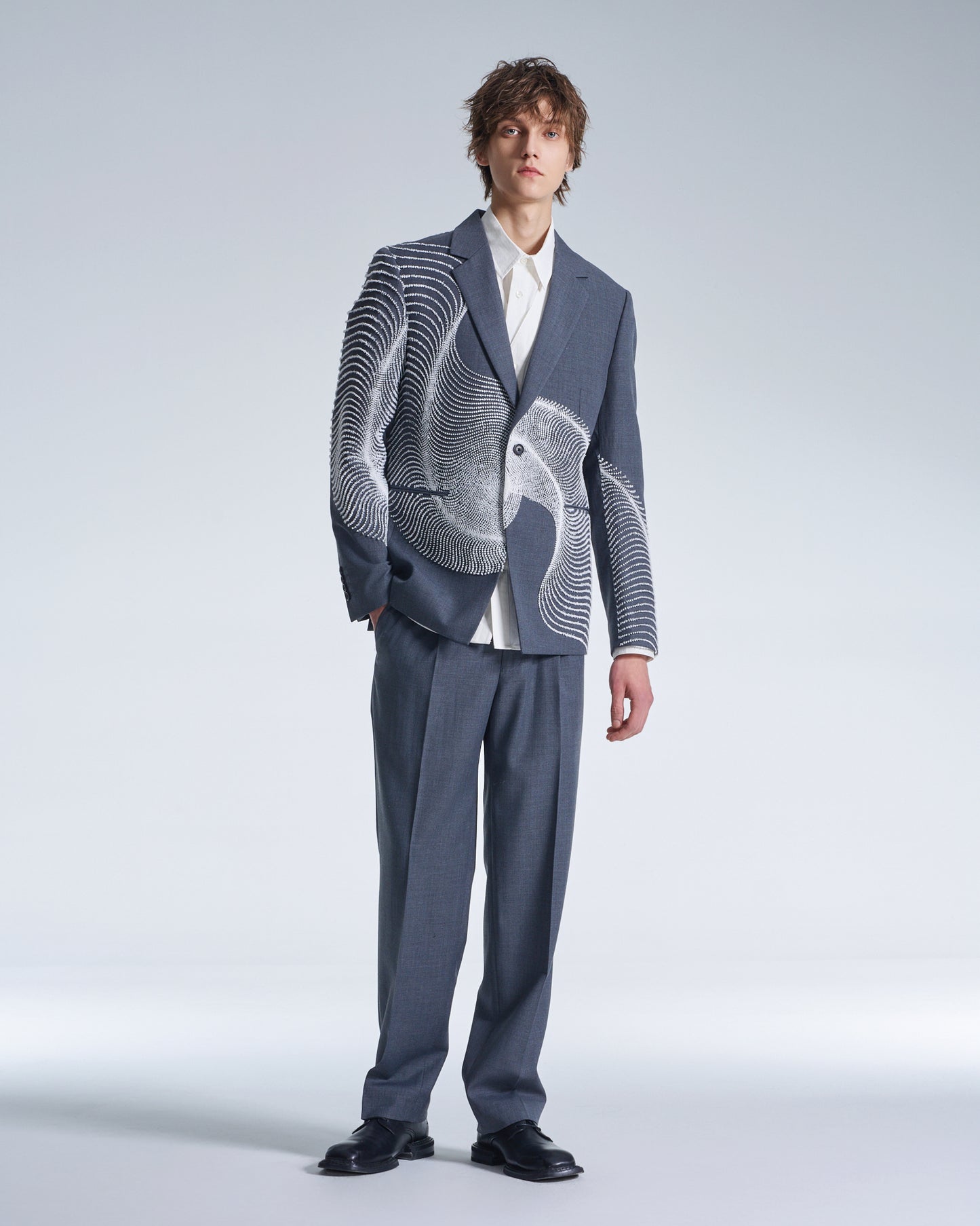 HARRISON WONG / Wool Blazer With Wavy Dots Lines Embroidery - Grey