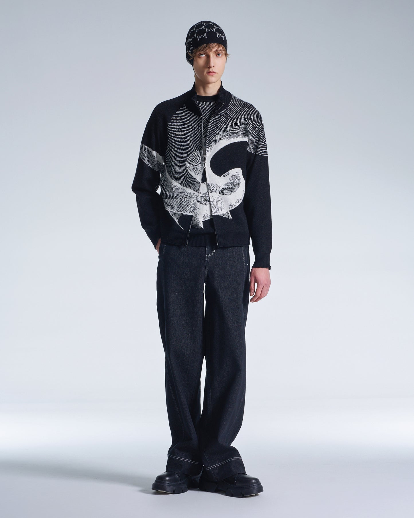 HARRISON WONG / Wool Zipper Cardigan With Twisted Wavy Lines Pattern