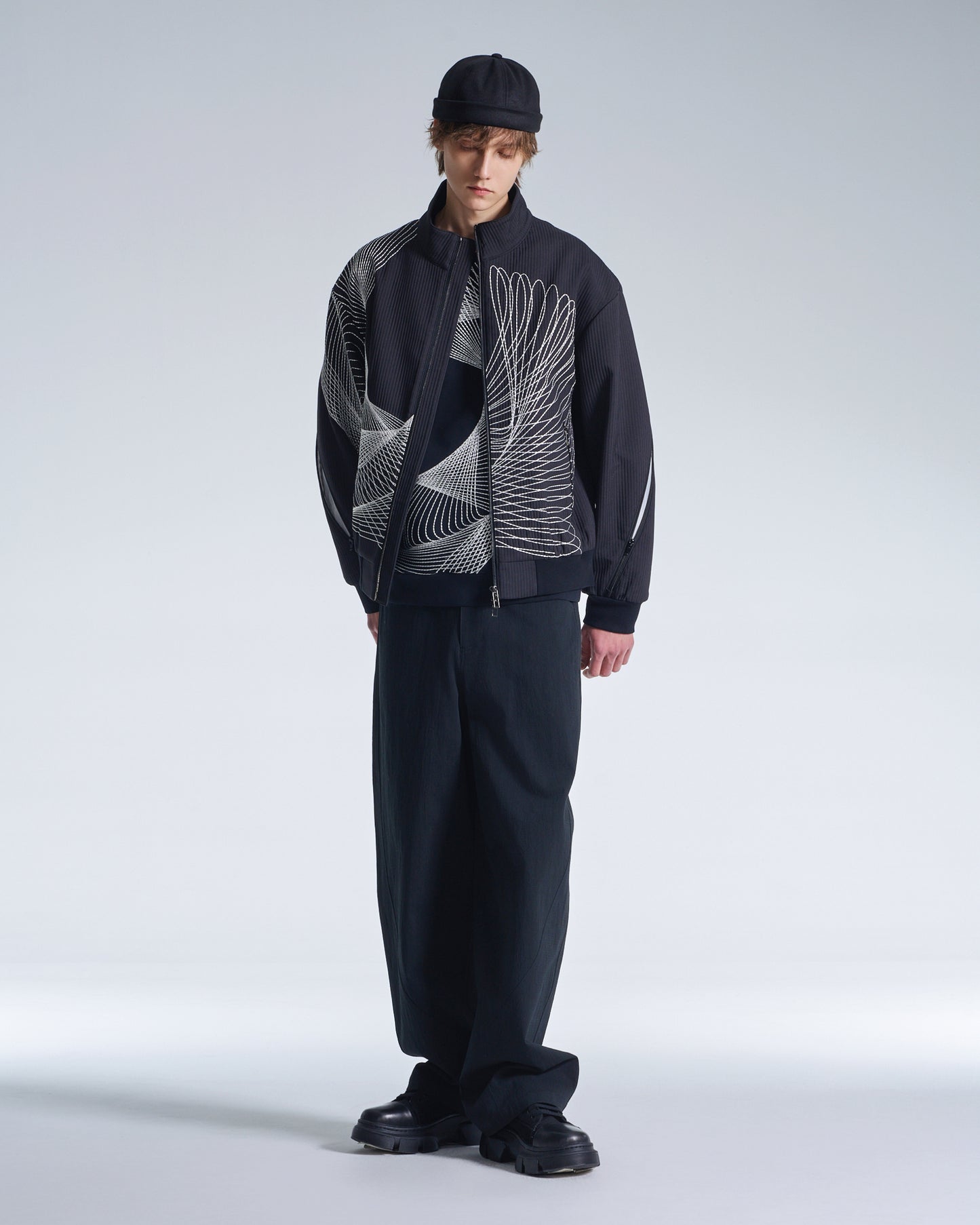 HARRISON WONG / Stand Collar Jacket With Twisted Wavy Lines Embroidery