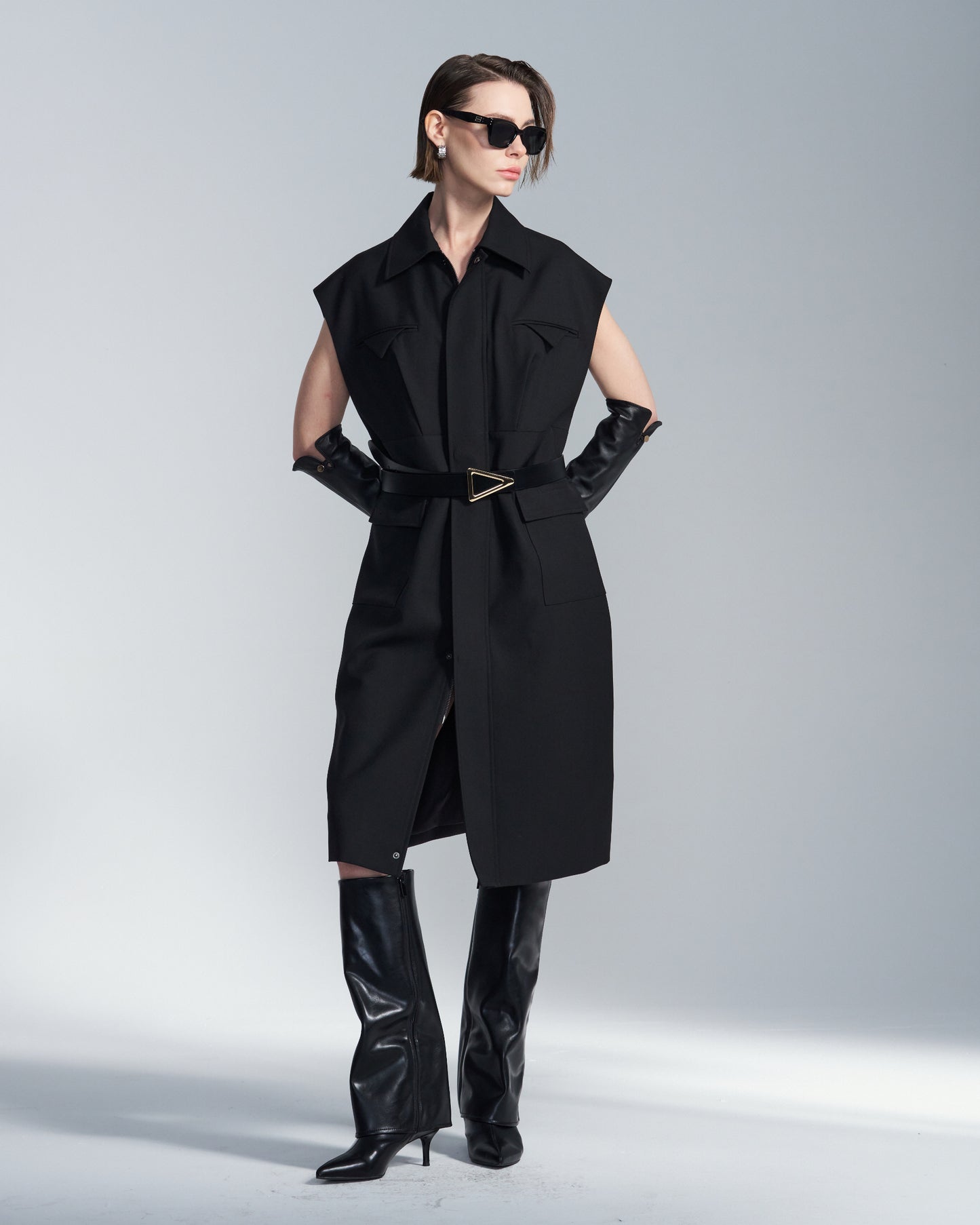HARRISON WONG / Wide Shoulder Sleeveless Shirt Dress