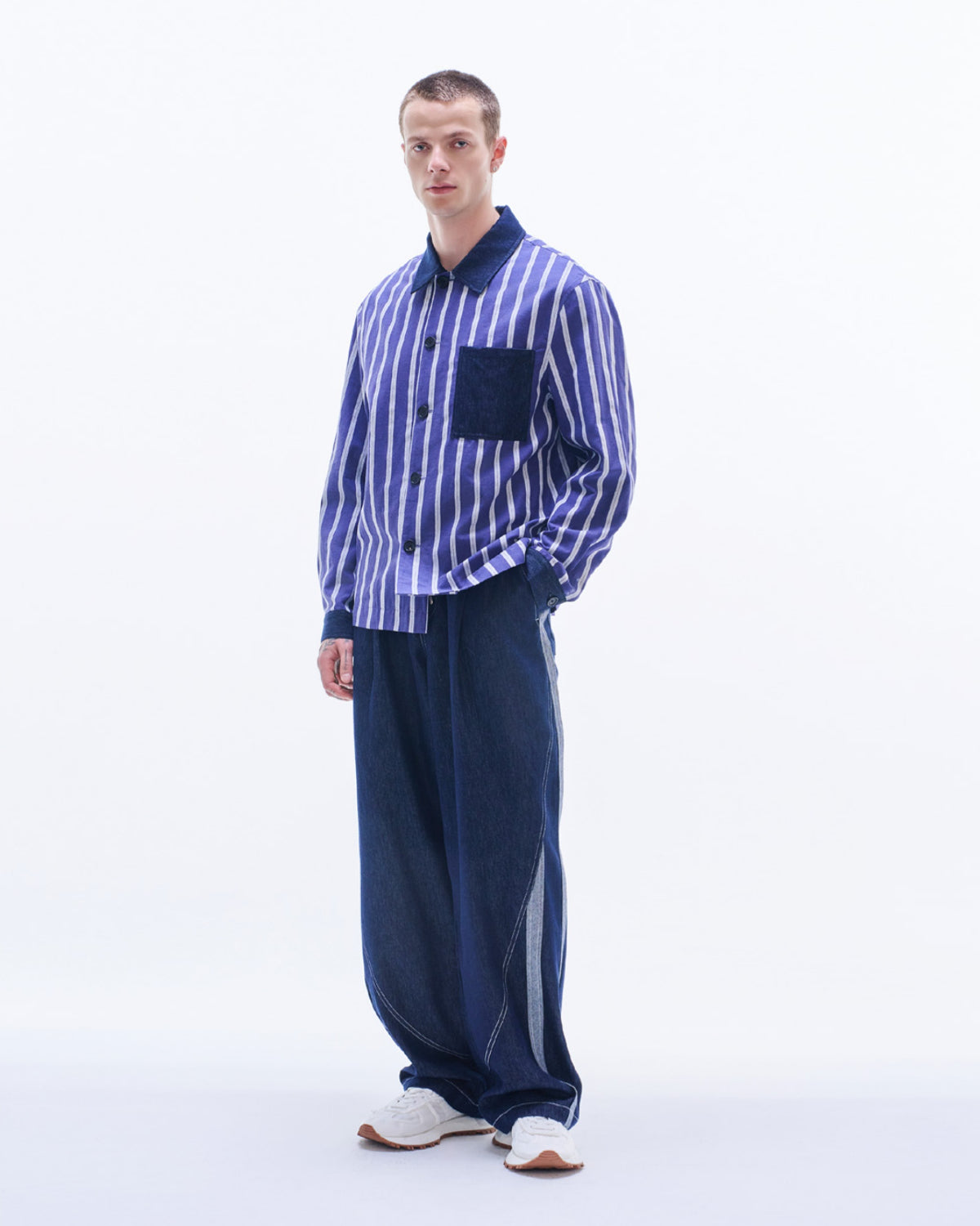 HARRISON WONG / Striped Linen Shirt With Denim Pocket