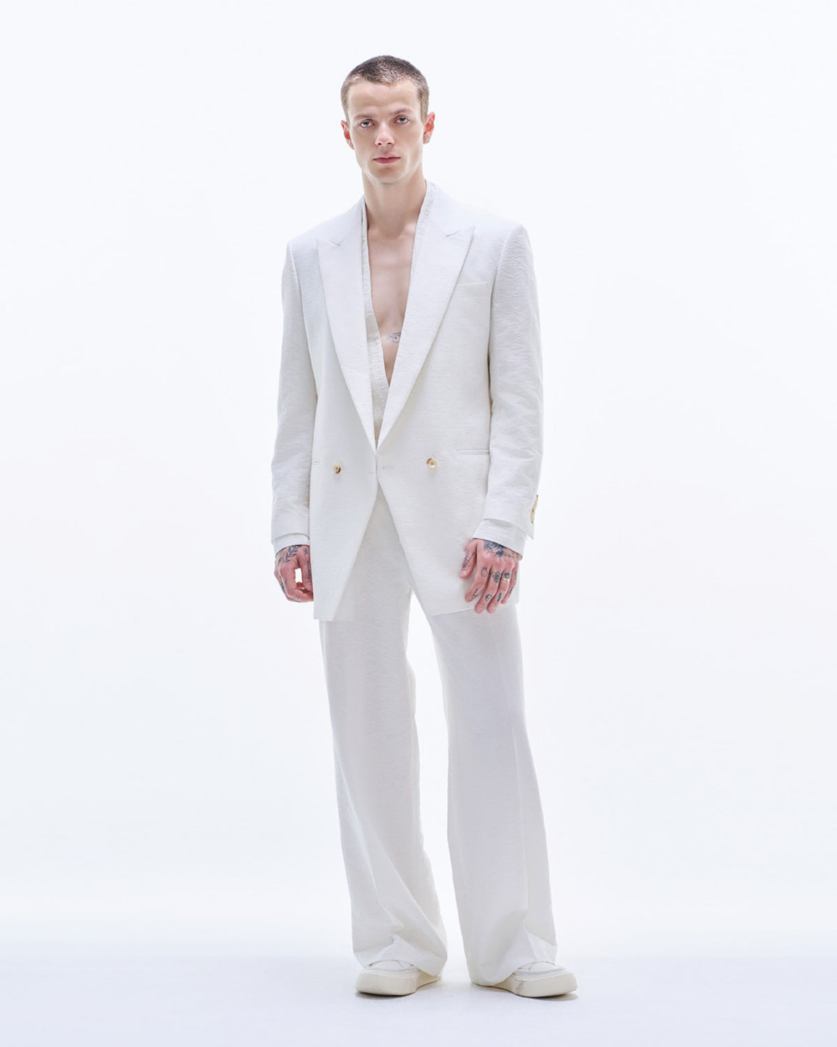 HARRISON WONG / Viscose Linen Long BD Blazer - White