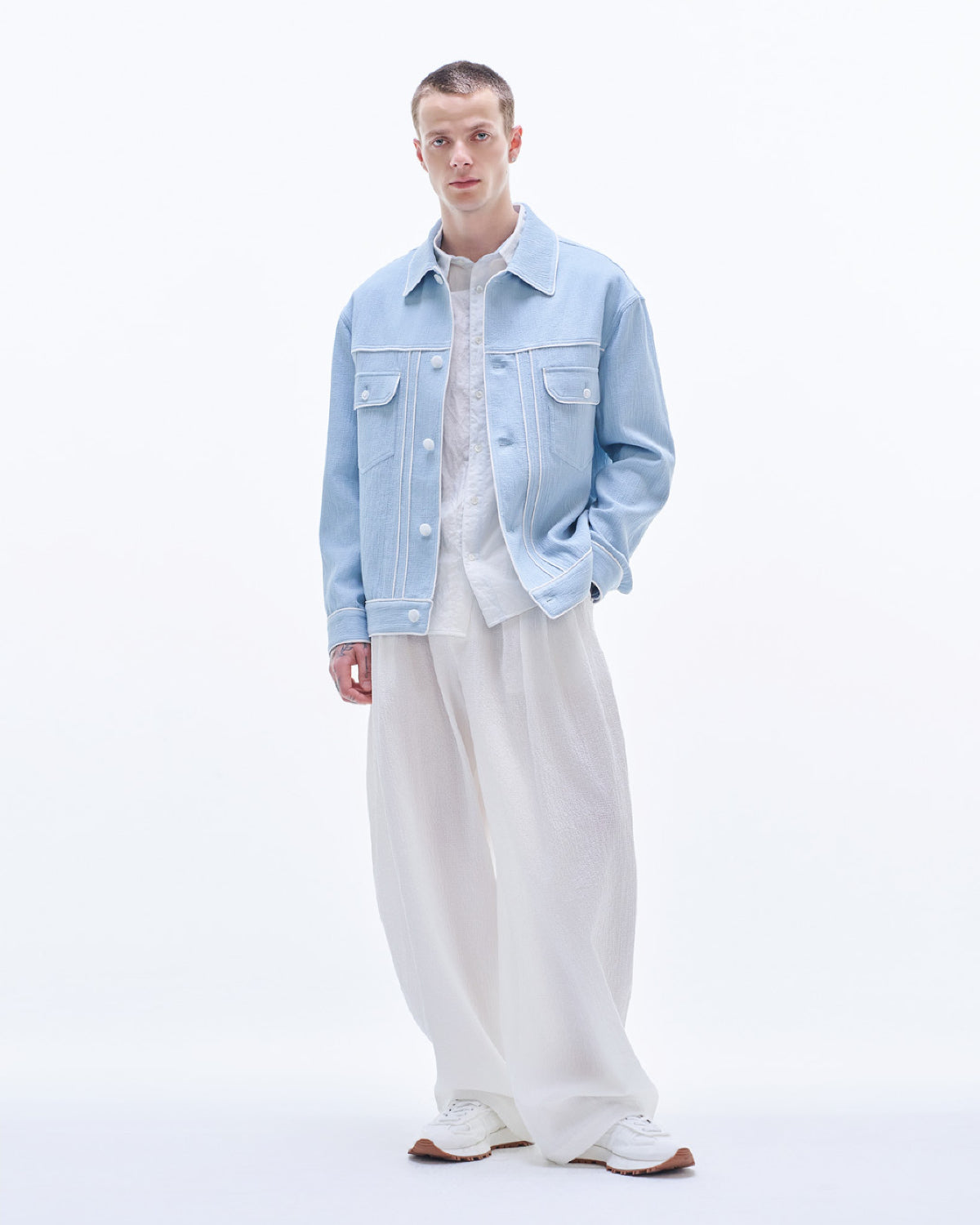 HARRISON WONG / Crepe Cotton Jacket With Piping - Blue
