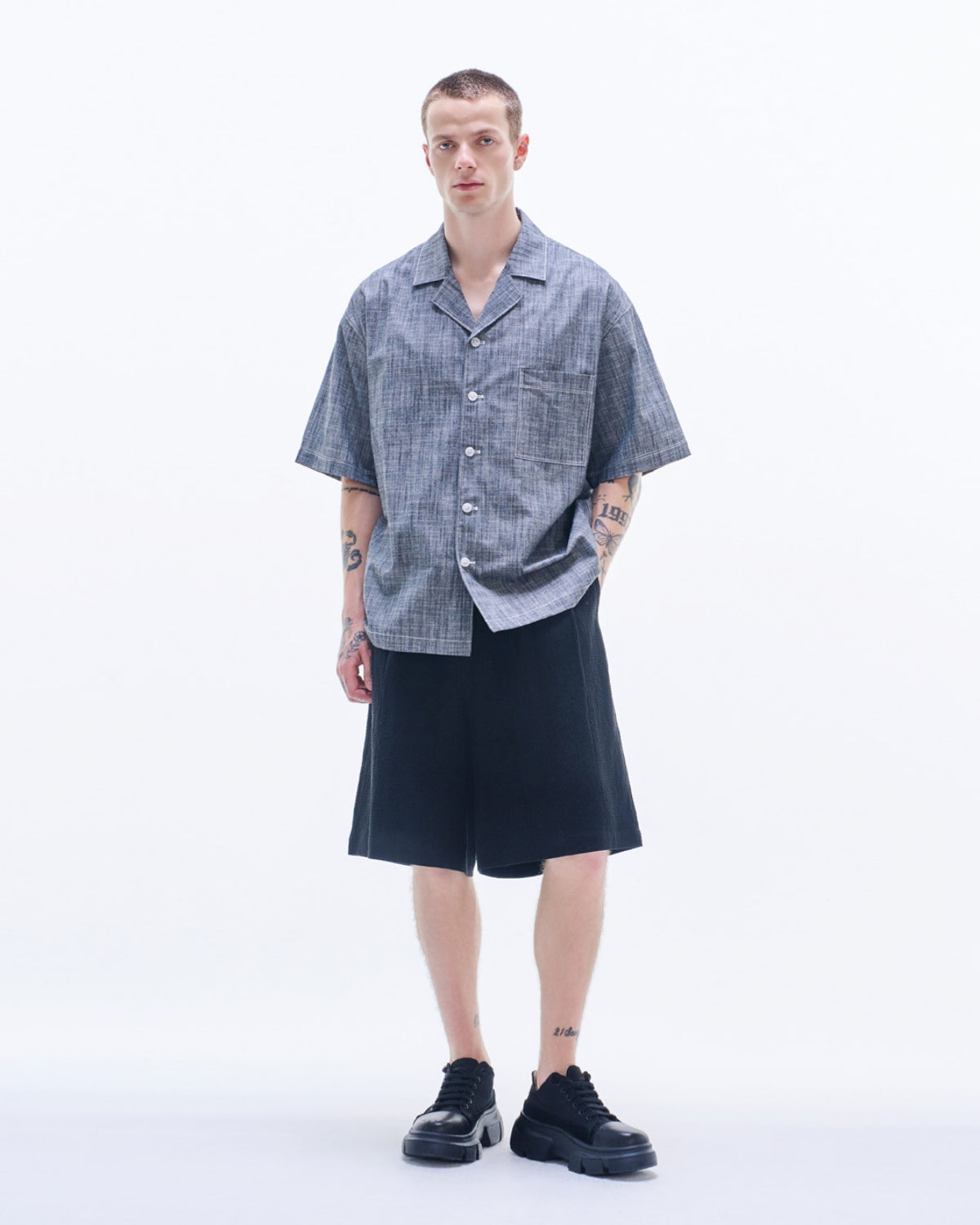 HARRISON WONG / Yarn Dyed Fabric Short Sleeve Shirt - Black