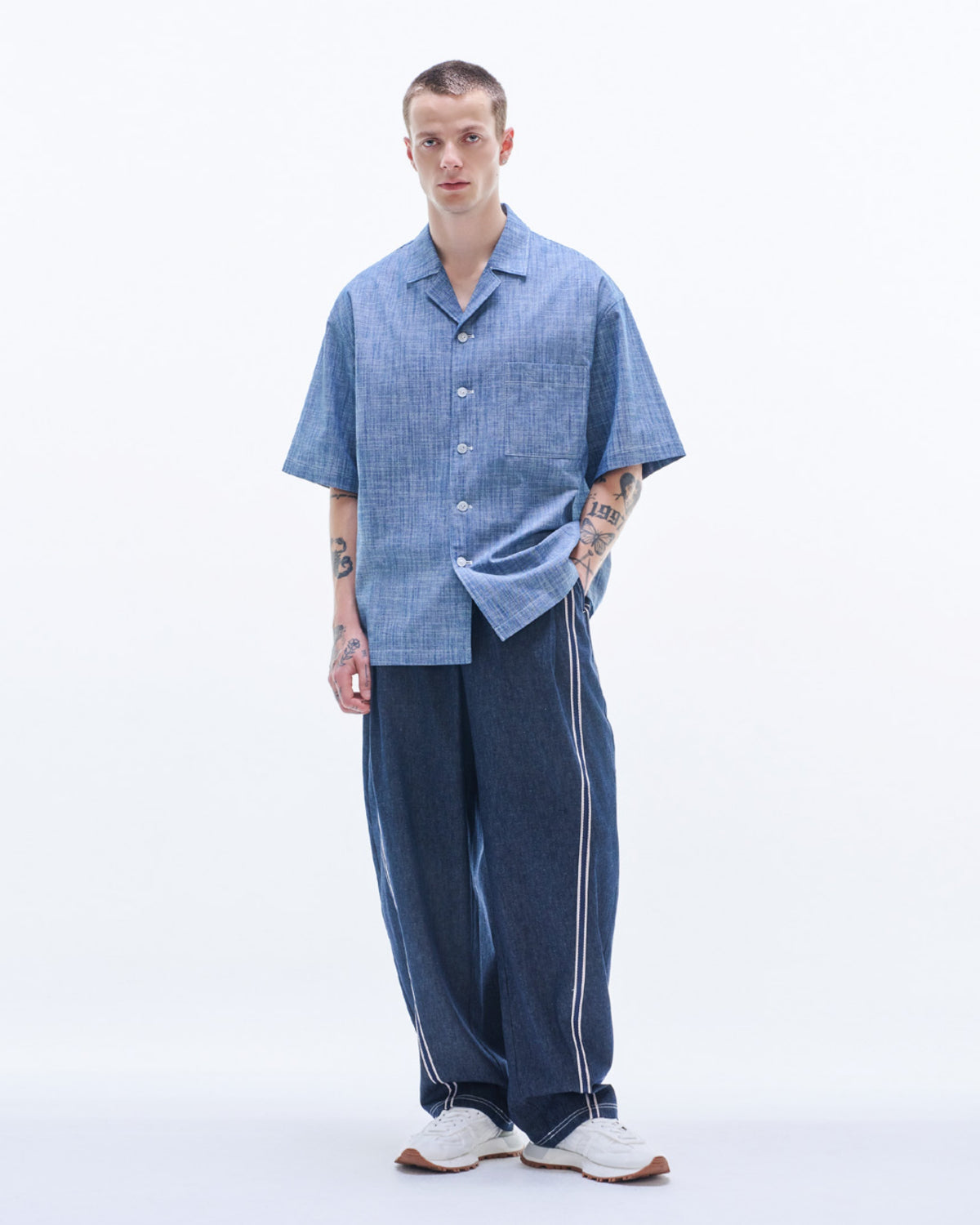 HARRISON WONG / Yarn Dyed Fabric Short Sleeve Shirt - Blue