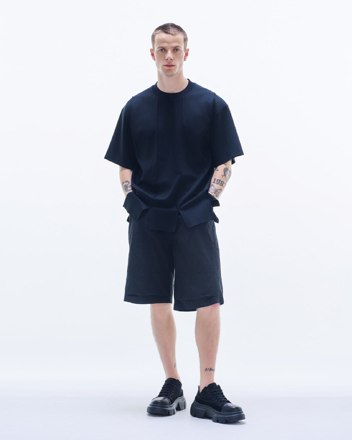 HARRISON WONG / Pleated Bermuda Poly Cotton Shorts