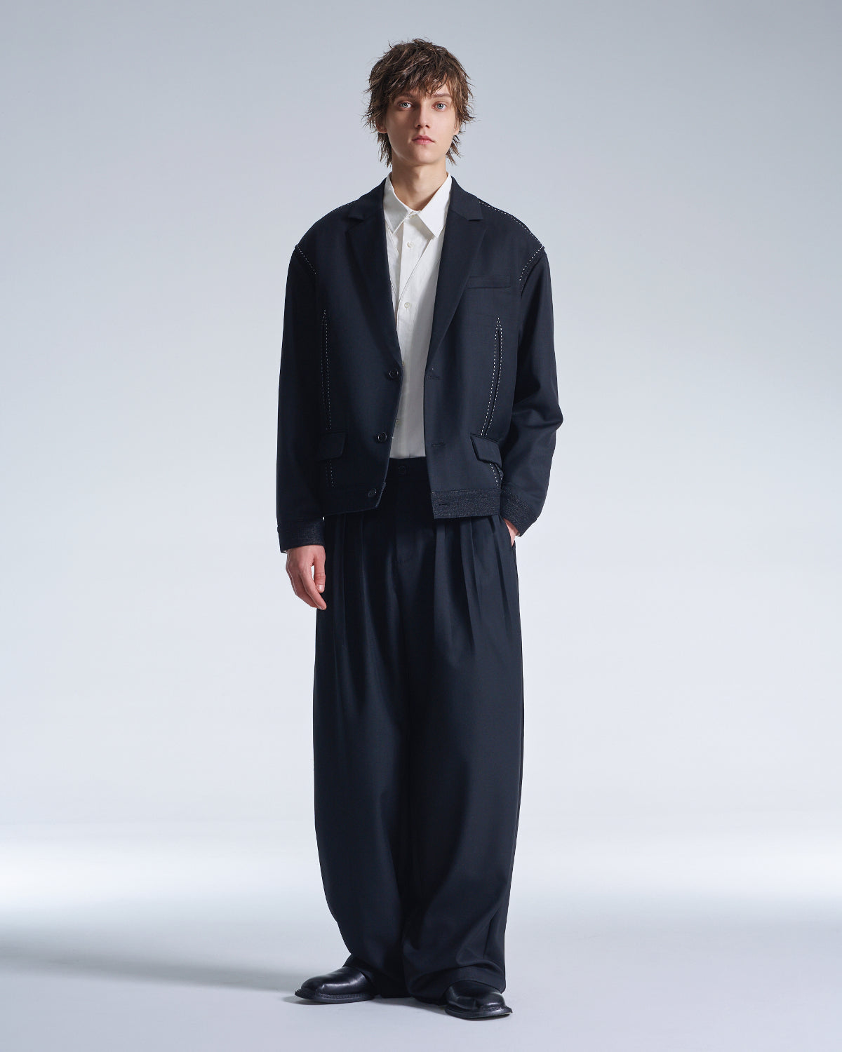 HARRISON WONG / Boxy Wool Blazer With Denim Trim - Black