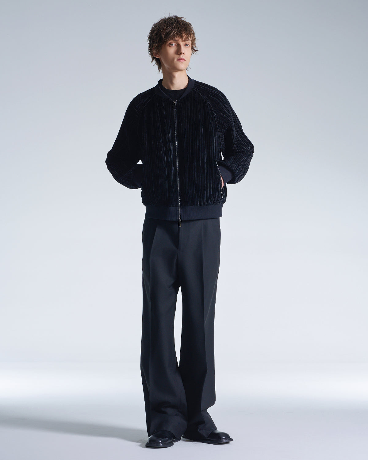 HARRISON WONG / Pleated Knit Velvet Zipper Jacket
