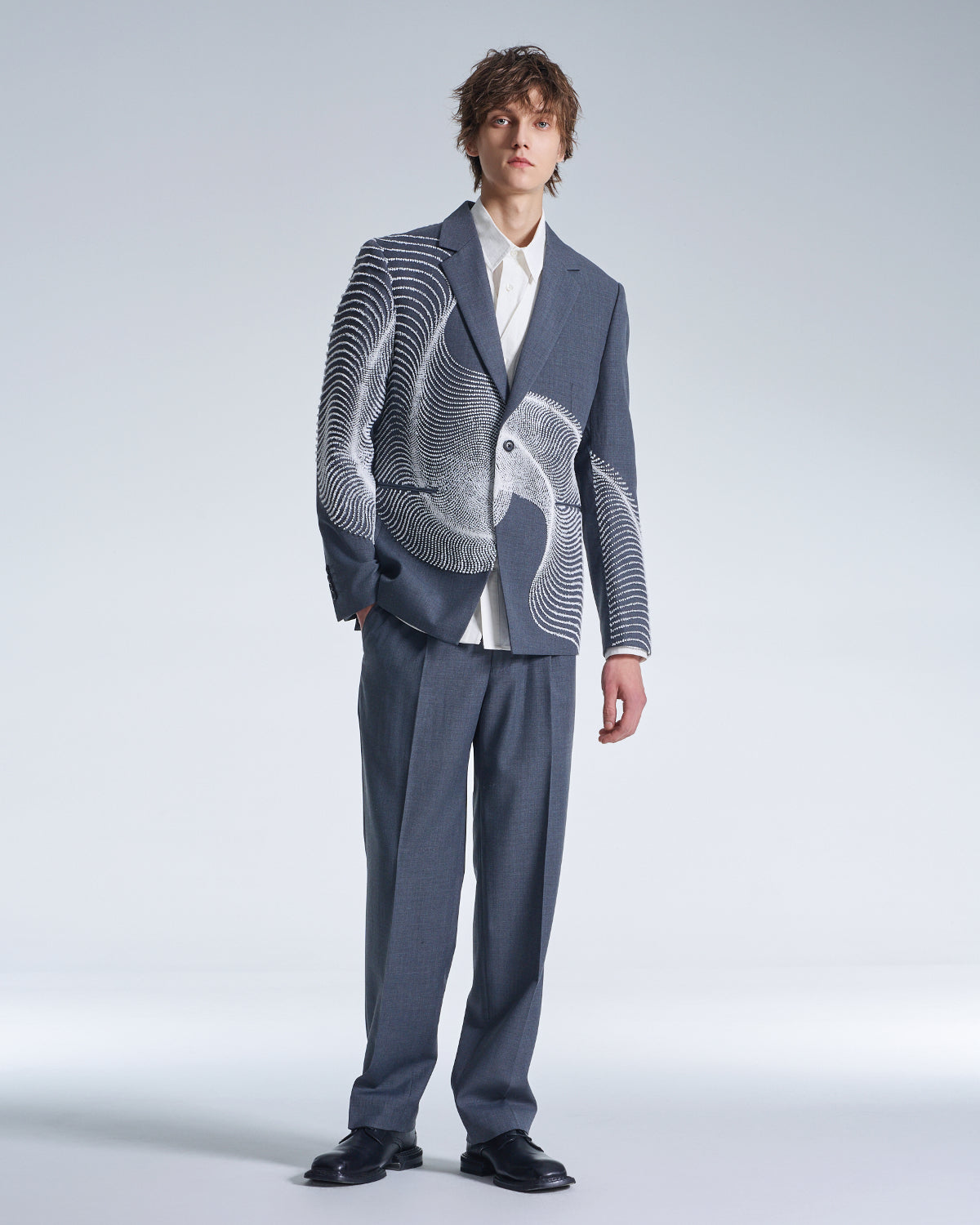 HARRISON WONG / Wool Blazer With Wavy Dots Lines Embroidery - Grey