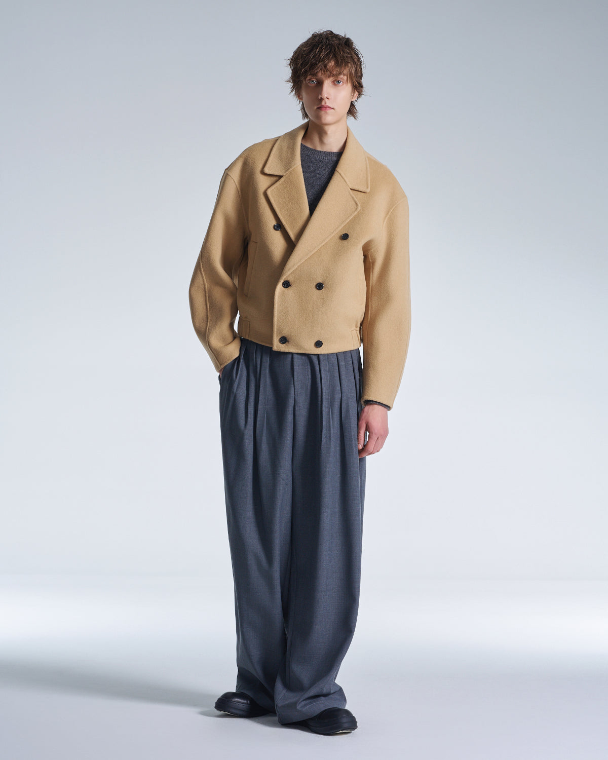 HARRISON WONG / Wide Leg Wool Pants With Multi Pleats - Grey