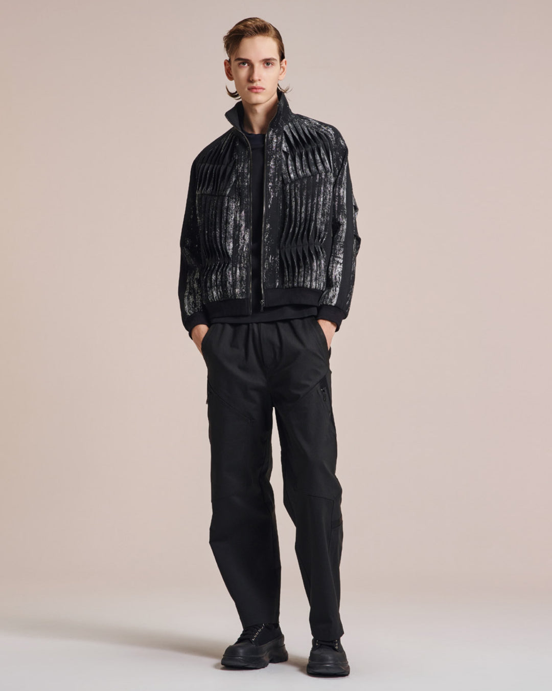 HARRISON WONG / Knit Jacket With Pleats & Brush Print