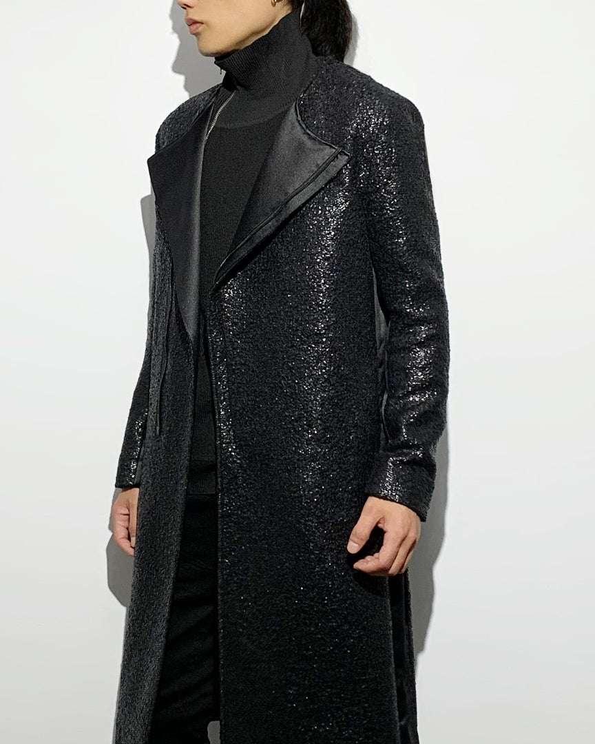 ys Yuji SUGENO / Black Foil Tweed No-Collar Riders Coat