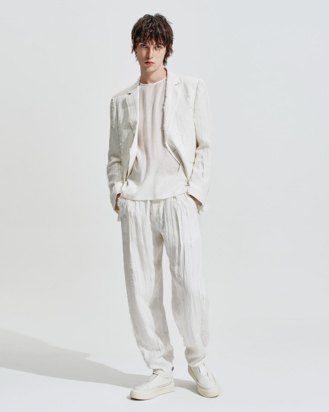 HARRISON WONG / Ripped Texture 1B Blazer - White