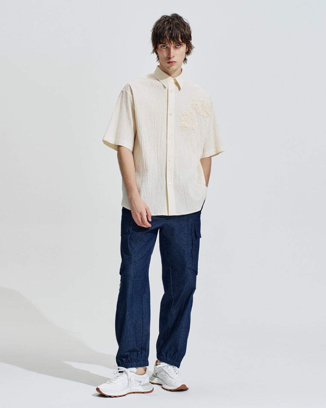 HARRISON WONG / Oversize Textured Cotton Shirt With Flowers Embroidery - Beige