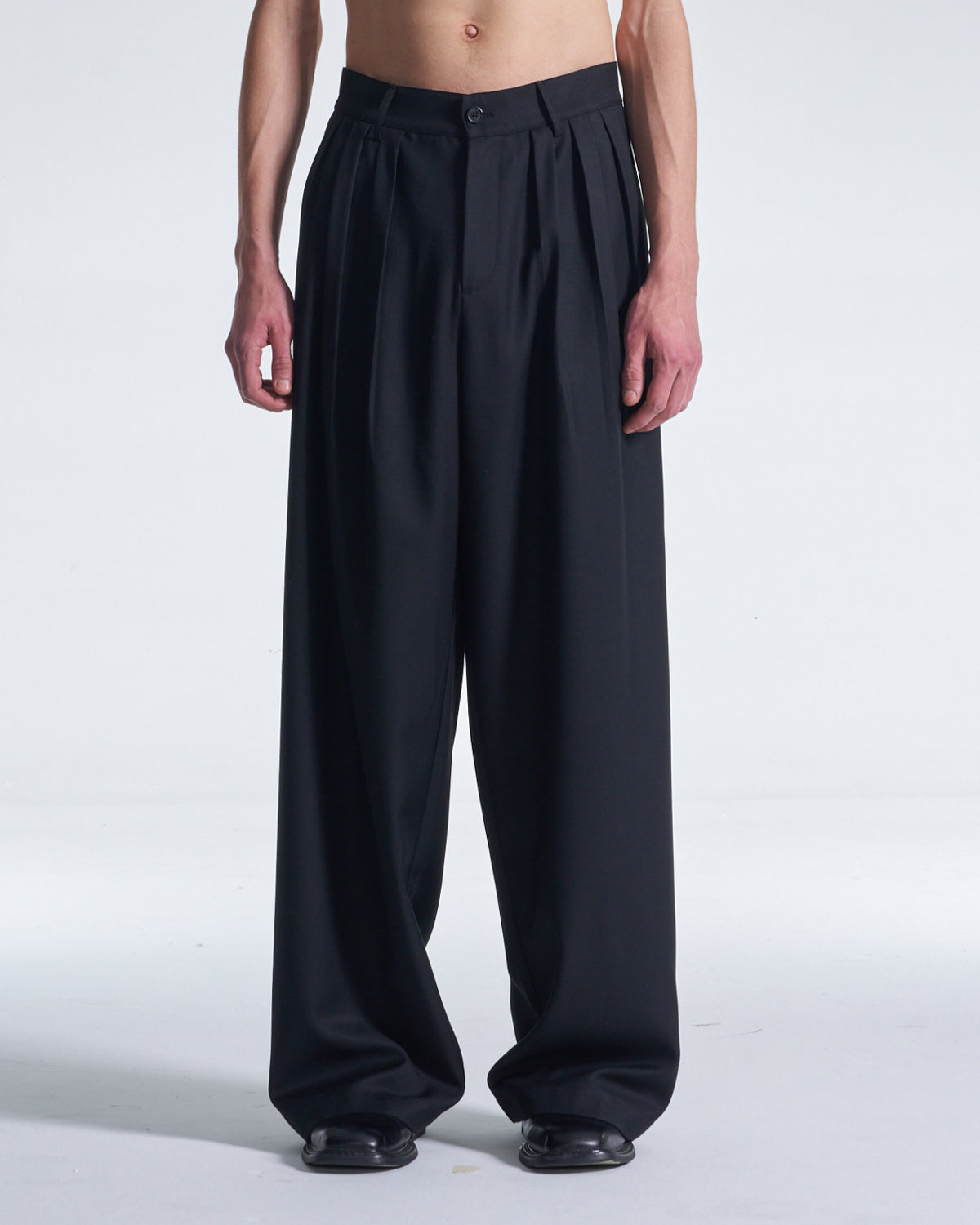 HARRISON WONG / Wide Leg Wool Pants With Multi Pleats - Black