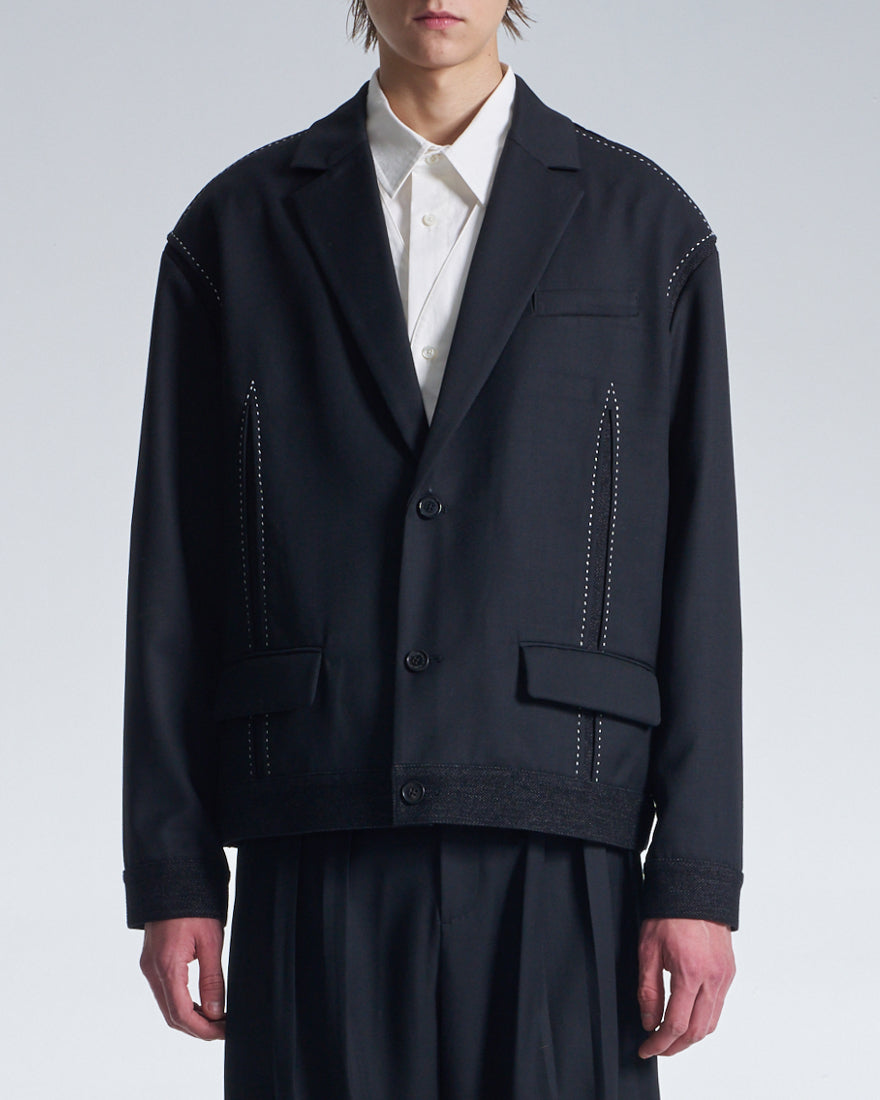 HARRISON WONG / Boxy Wool Blazer With Denim Trim - Black