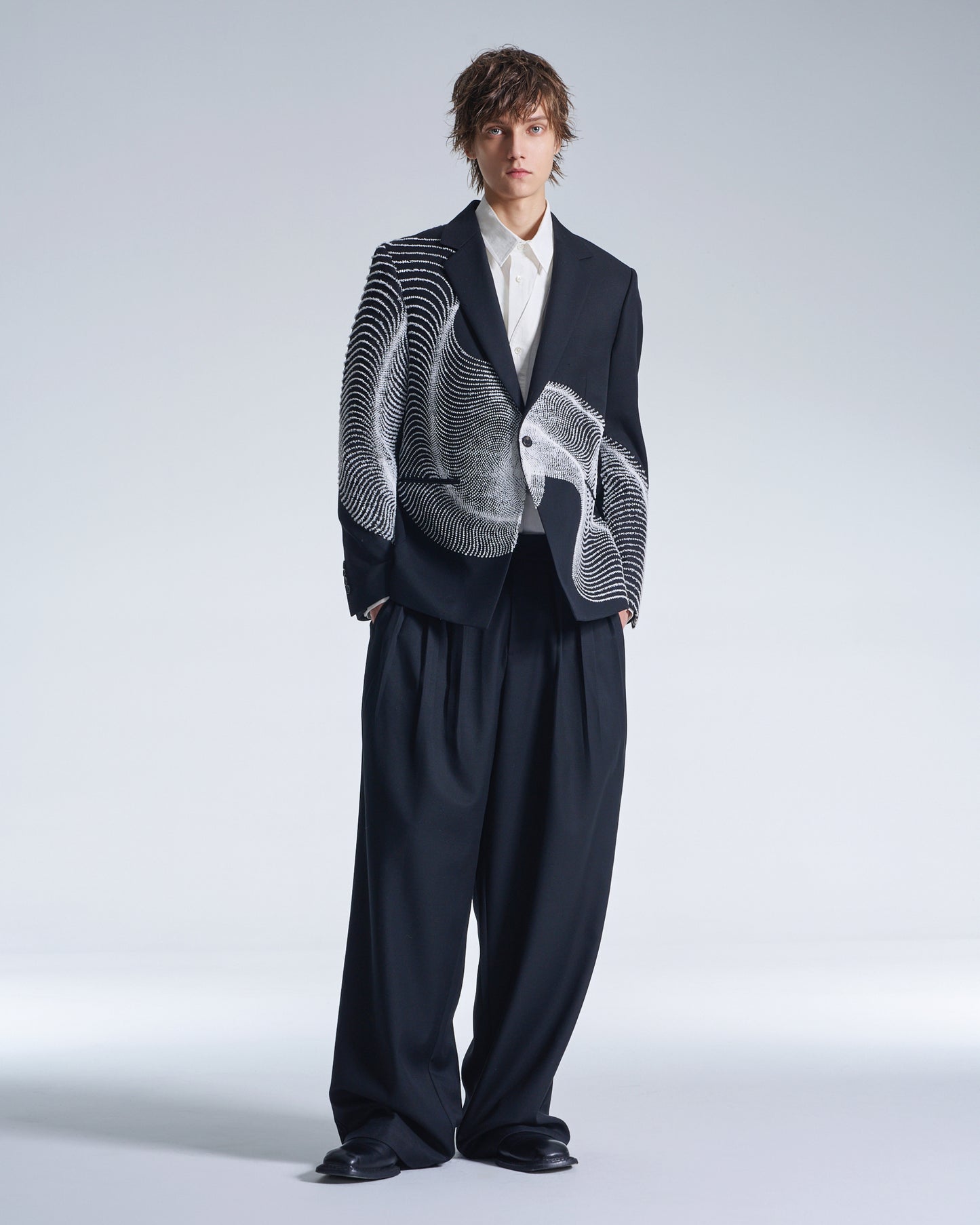 HARRISON WONG / Wool Blazer With Wavy Dots Lines Embroidery - Black