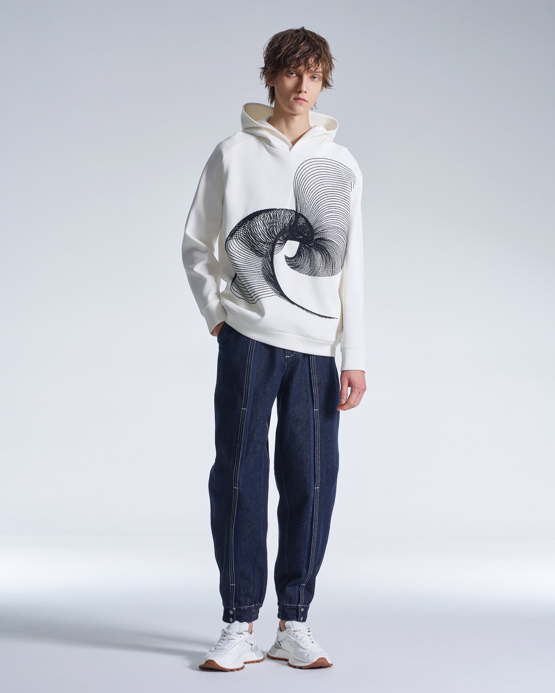 HARRISON WONG | Hoodie With Twisted Wavy Lines Embroidery - White