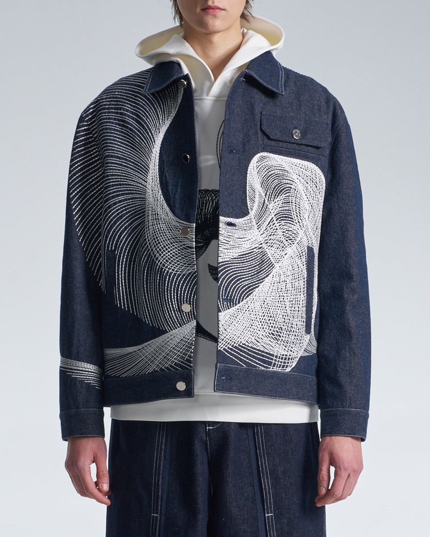 HARRISON WONG / Denim Jacket With Twisted Wavy Lines Embroidery