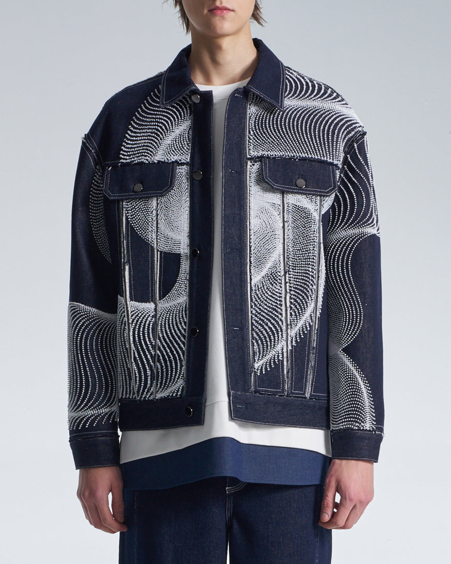 HARRISON WONG / Raw Edge Denim Jacket With Dots Embroidery
