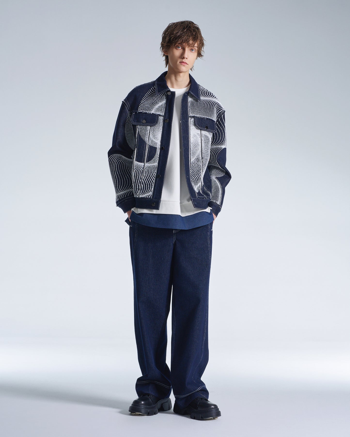 HARRISON WONG / Raw Edge Denim Jacket With Dots Embroidery