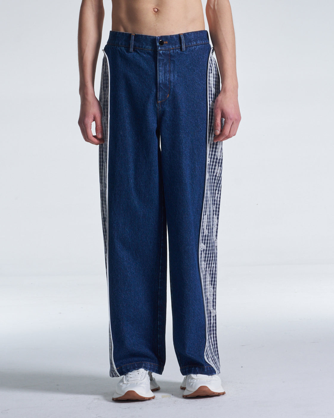 HARRISON WONG / Wide Leg Denim Pants Contrast With Checks