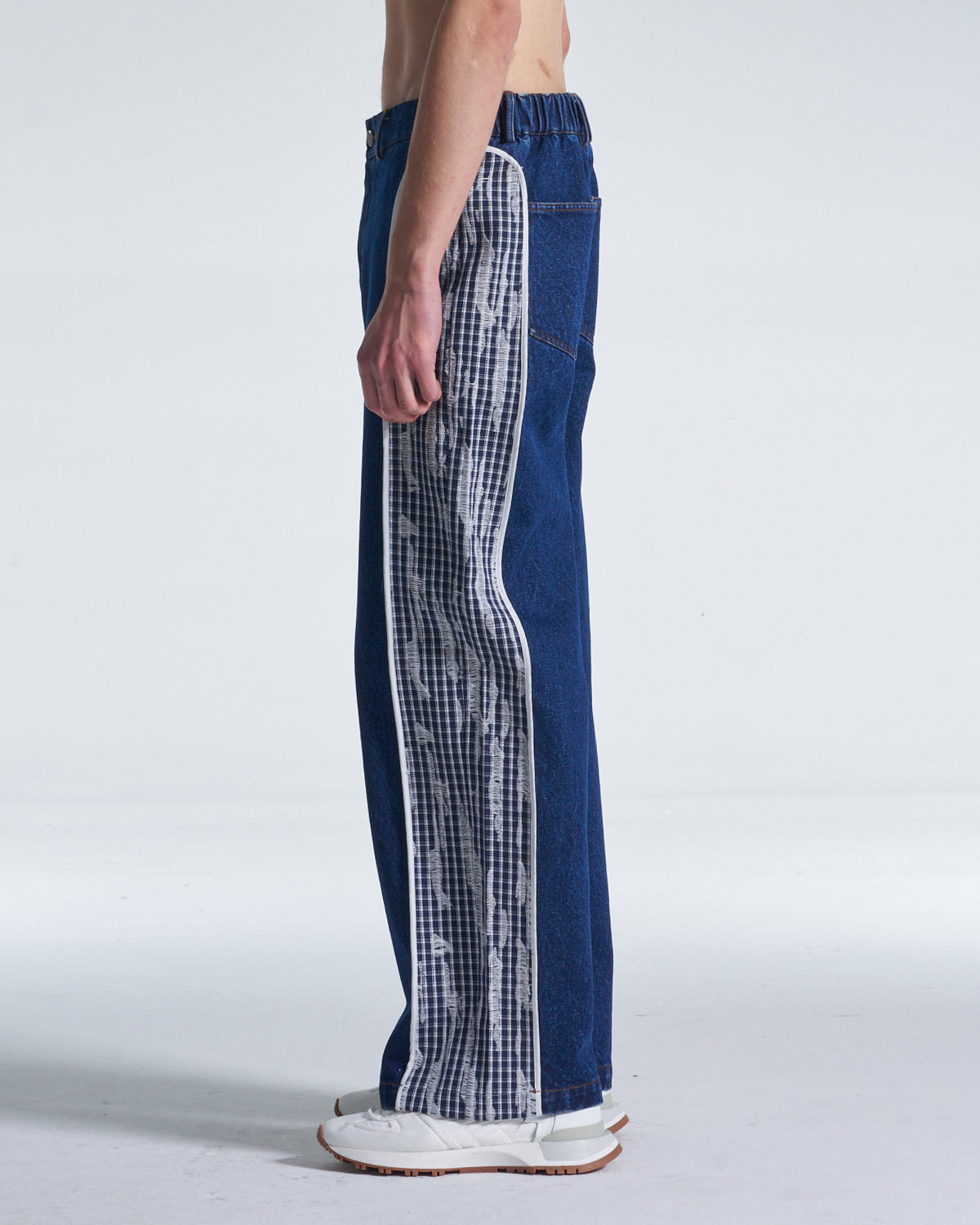 HARRISON WONG / Wide Leg Denim Pants Contrast With Checks