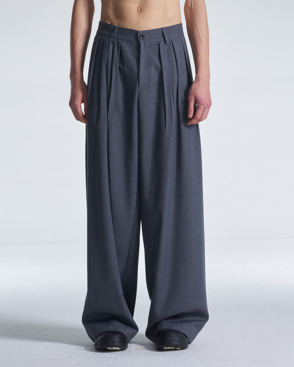 HARRISON WONG / Wide Leg Wool Pants With Multi Pleats - Grey