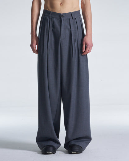 HARRISON WONG / Wide Leg Wool Pants With Multi Pleats - Grey