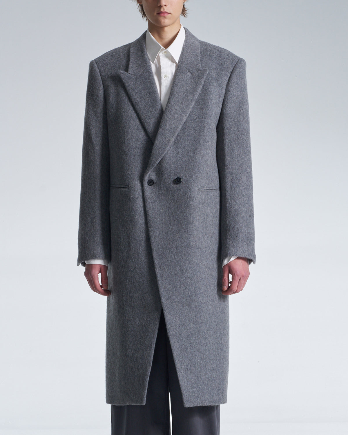 HARRISON WONG / Standard Fit Long Wool Coat With Power Shoulder - Grey