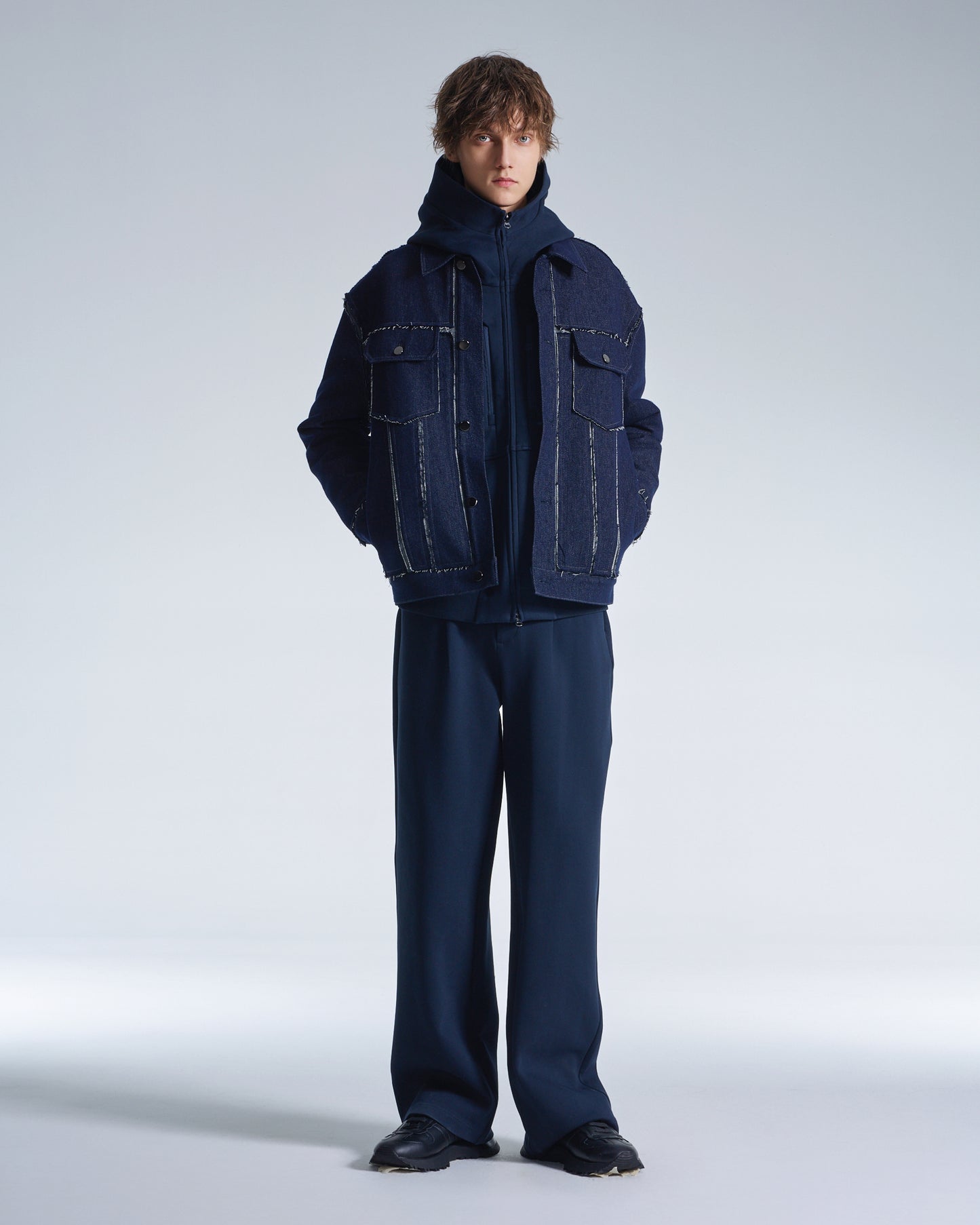 HARRISON WONG / Raw Edge Denim Jacket With Sandwich Knit Base