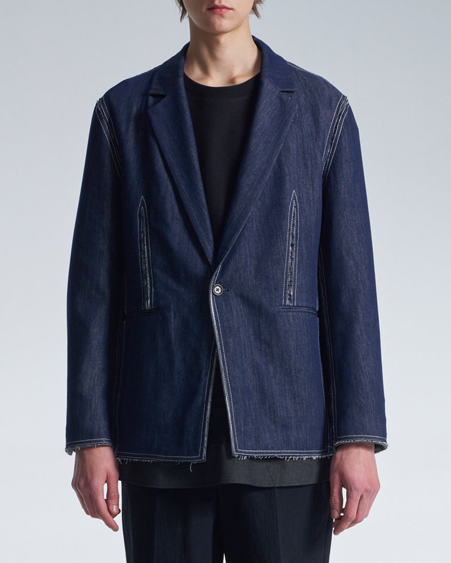 HARRISON WONG / Raw Edge Denim Blazer With Sandwich Knit Base