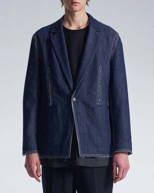HARRISON WONG / Raw Edge Denim Blazer With Sandwich Knit Base