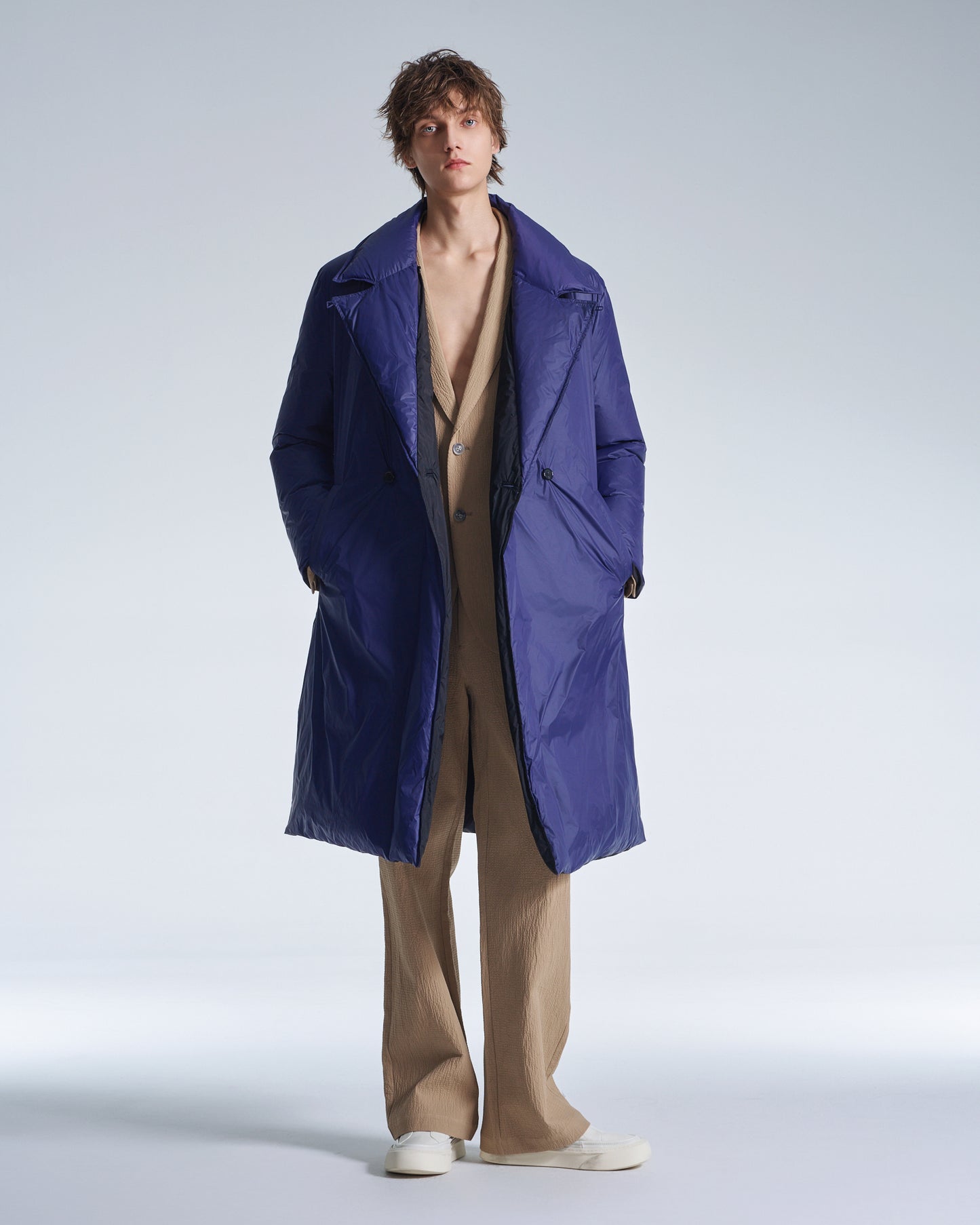 HARRISON WONG / Reversible Down Coat With Belt - Navy + Black