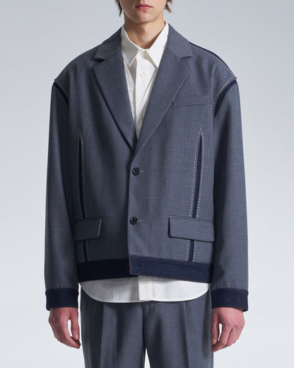 HARRISON WONG / Boxy Wool Blazer With Denim Trim - Grey