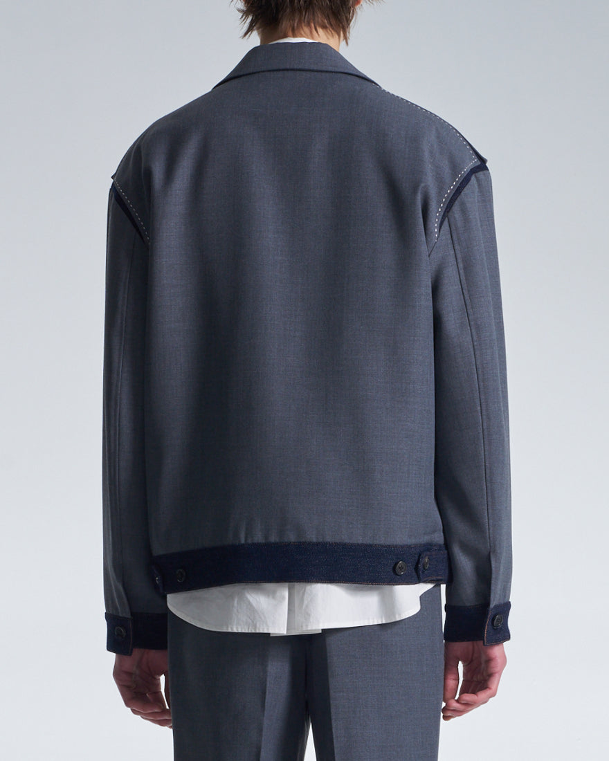 HARRISON WONG / Boxy Wool Blazer With Denim Trim - Grey