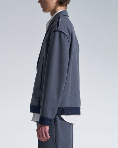 HARRISON WONG / Boxy Wool Blazer With Denim Trim - Grey