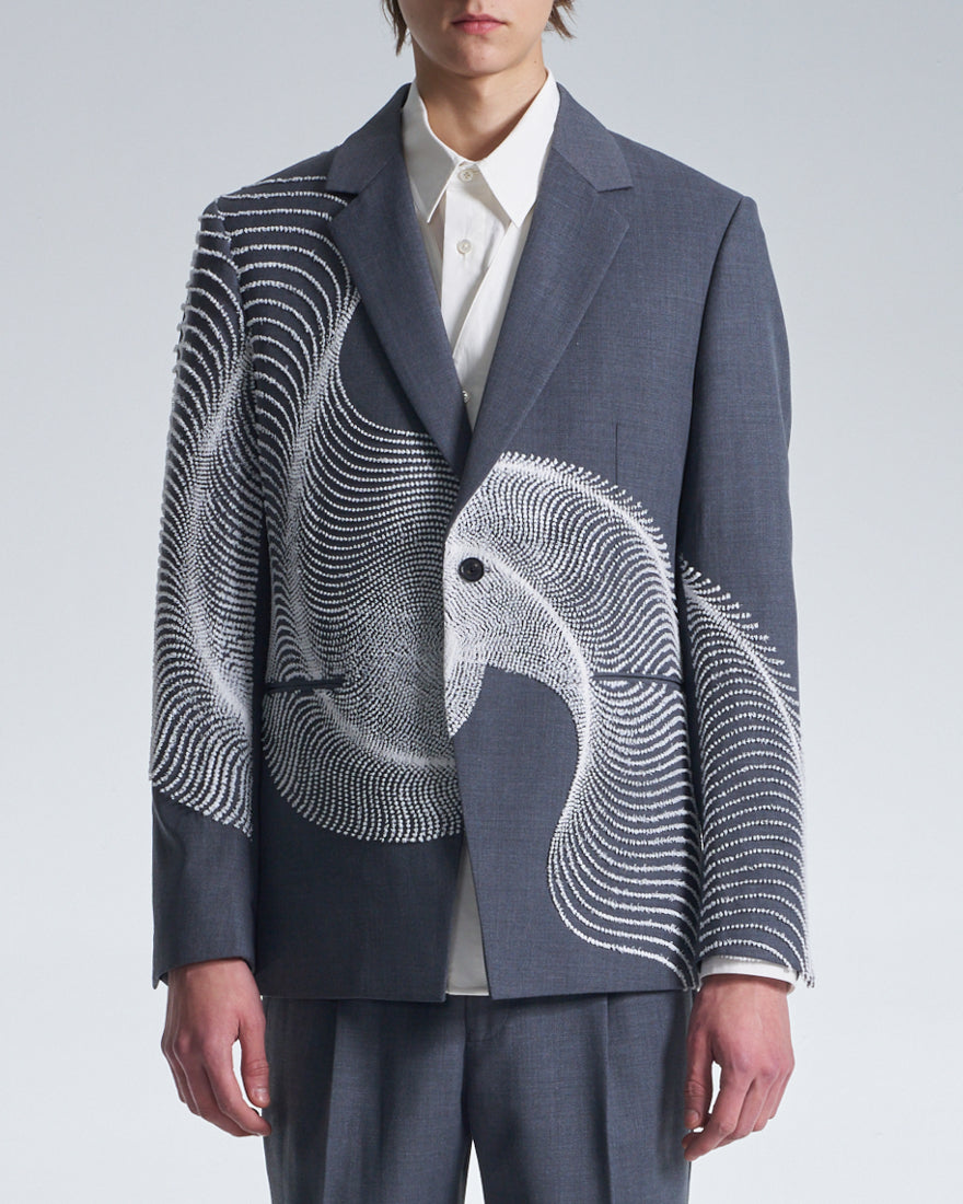 HARRISON WONG / Wool Blazer With Wavy Dots Lines Embroidery - Grey