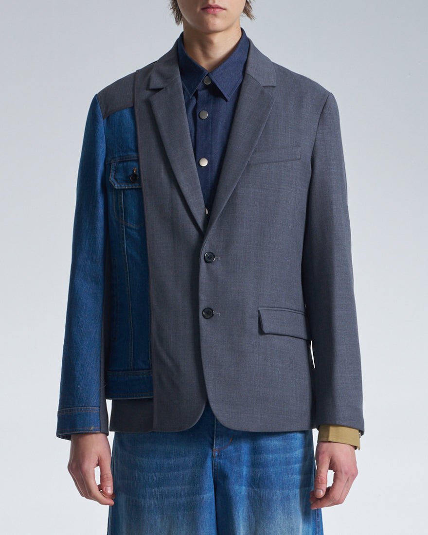 HARRISON WONG / Deconstructed Wool Blazer With Denim - Grey