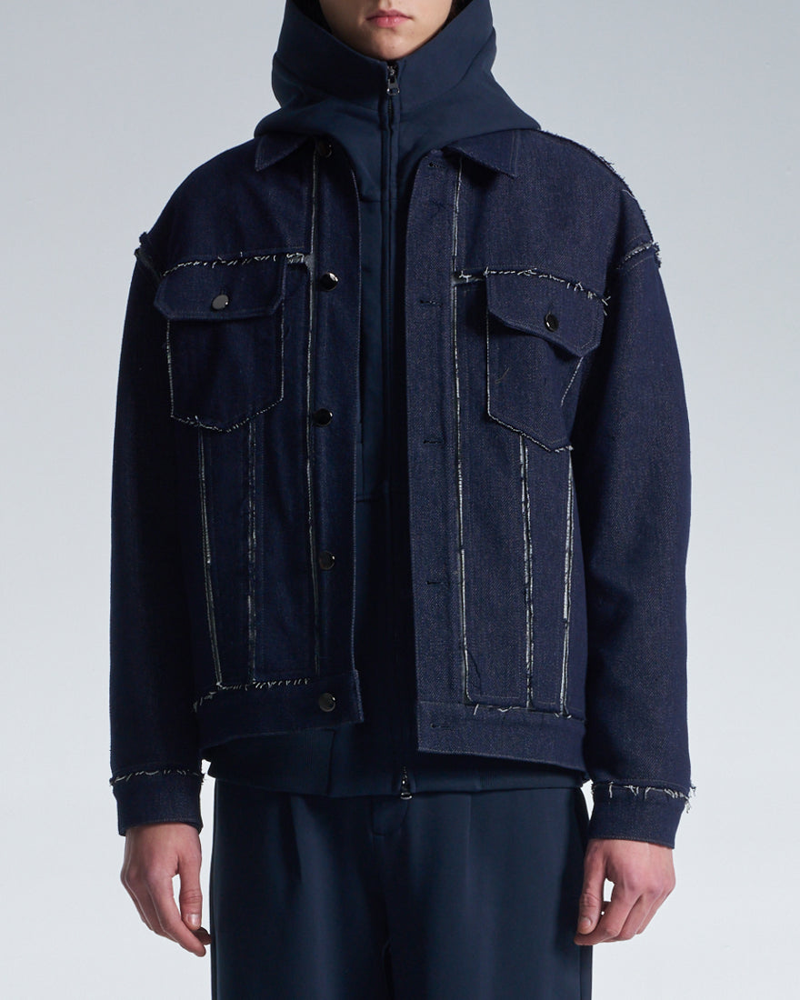 HARRISON WONG / Raw Edge Denim Jacket With Sandwich Knit Base