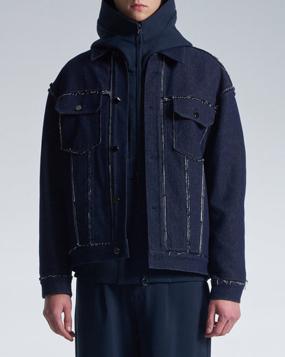 HARRISON WONG / Raw Edge Denim Jacket With Sandwich Knit Base