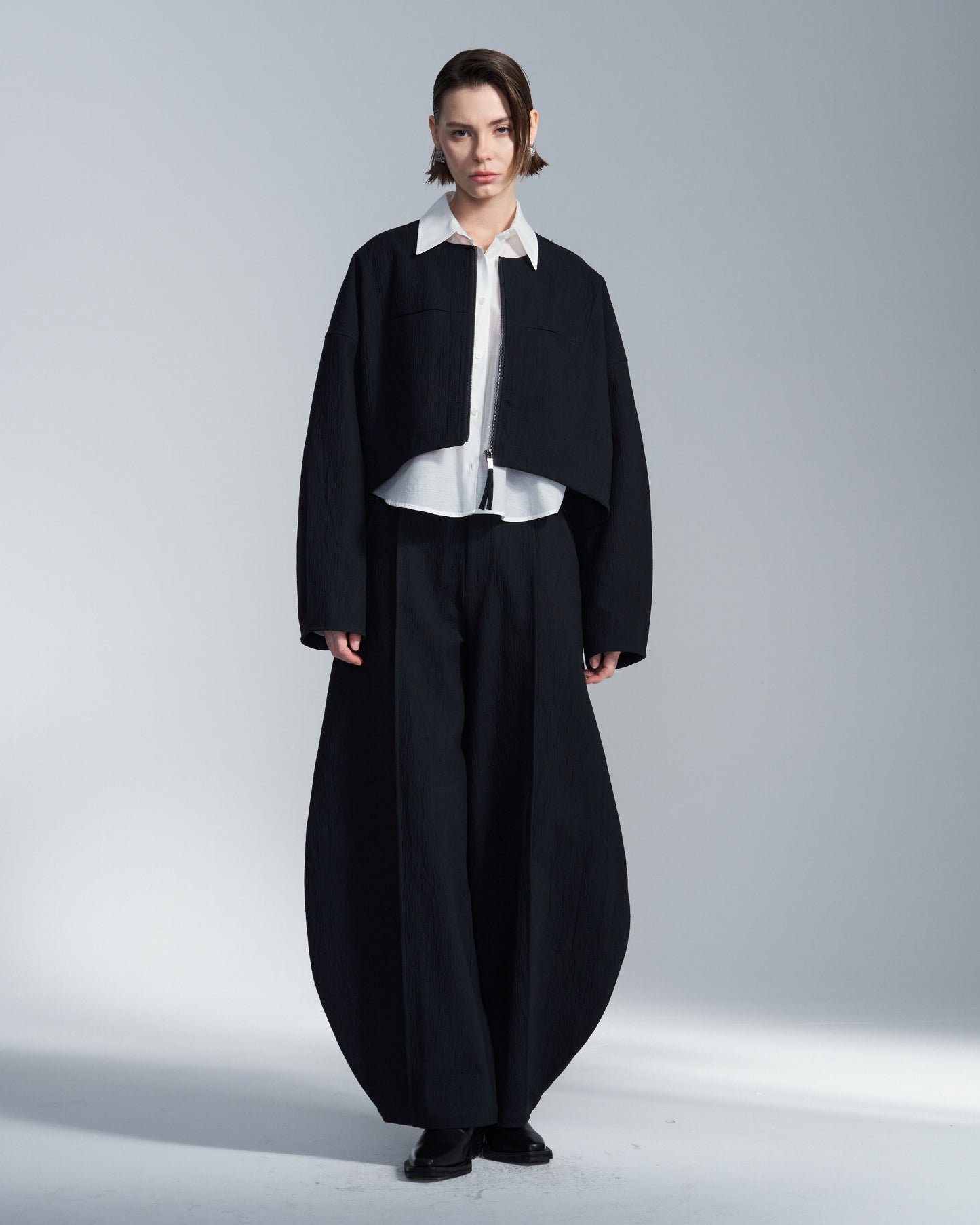 HARRISON WONG / Crepe Cotton Cropped Round Neck Jacket