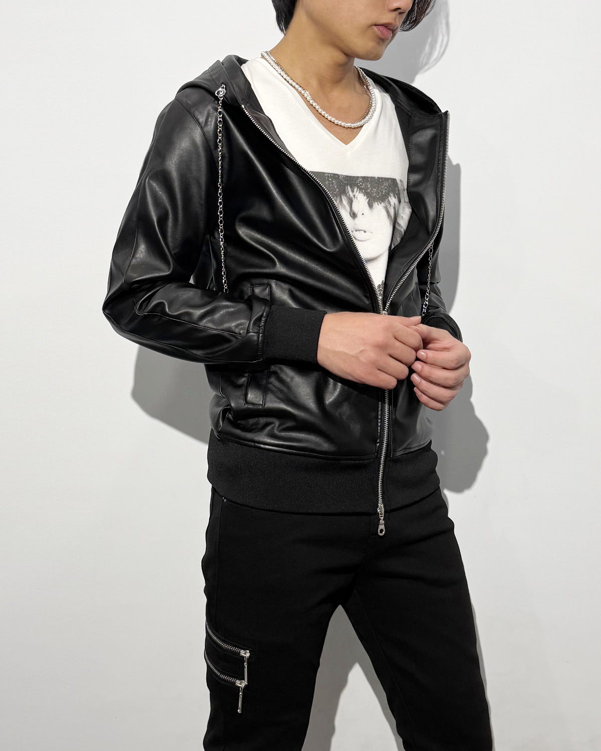 agr / Synthetic Leather Hooded JK with Chain