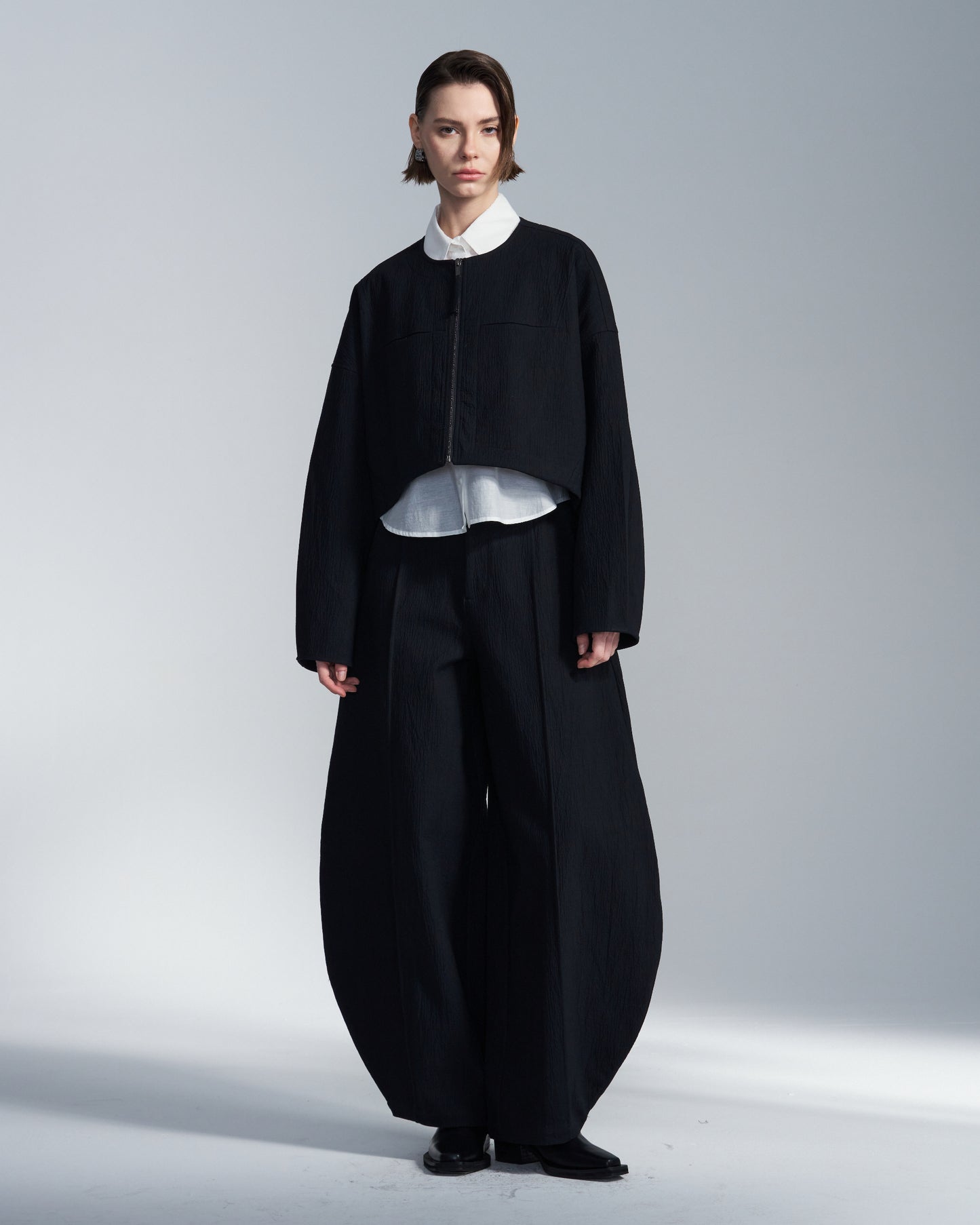 HARRISON WONG / Crepe Cotton Cropped Round Neck Jacket