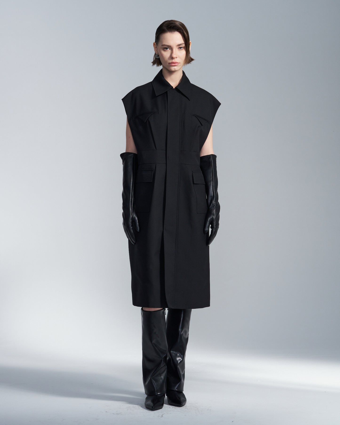 HARRISON WONG / Wide Shoulder Sleeveless Shirt Dress